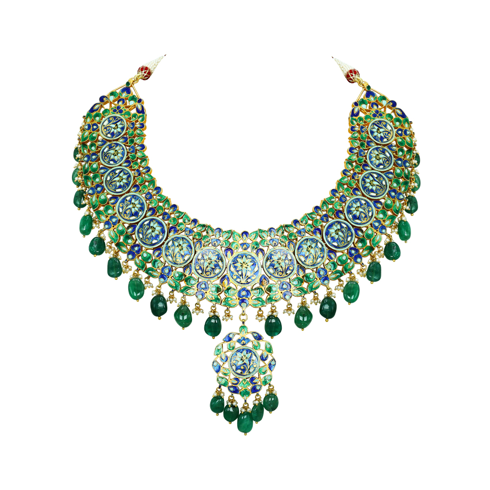 Polki Necklace with Red Enamel and Emerald Drops